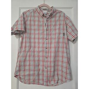 Columbia Shirt Men Medium Regular Fit Red Tan Blue‎ Plaid Short Sleeve Button Up